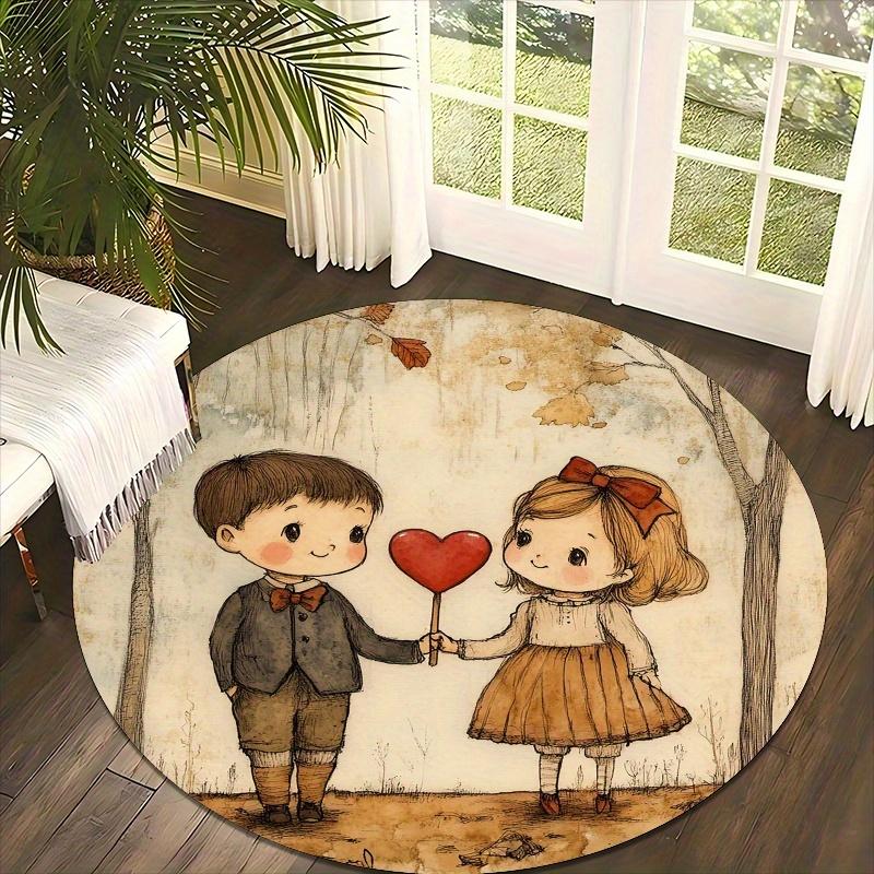 Cartoon boy and girl with love Flannel-printed round floor mats are slip-resistant Suitable living room terrace garden carpets