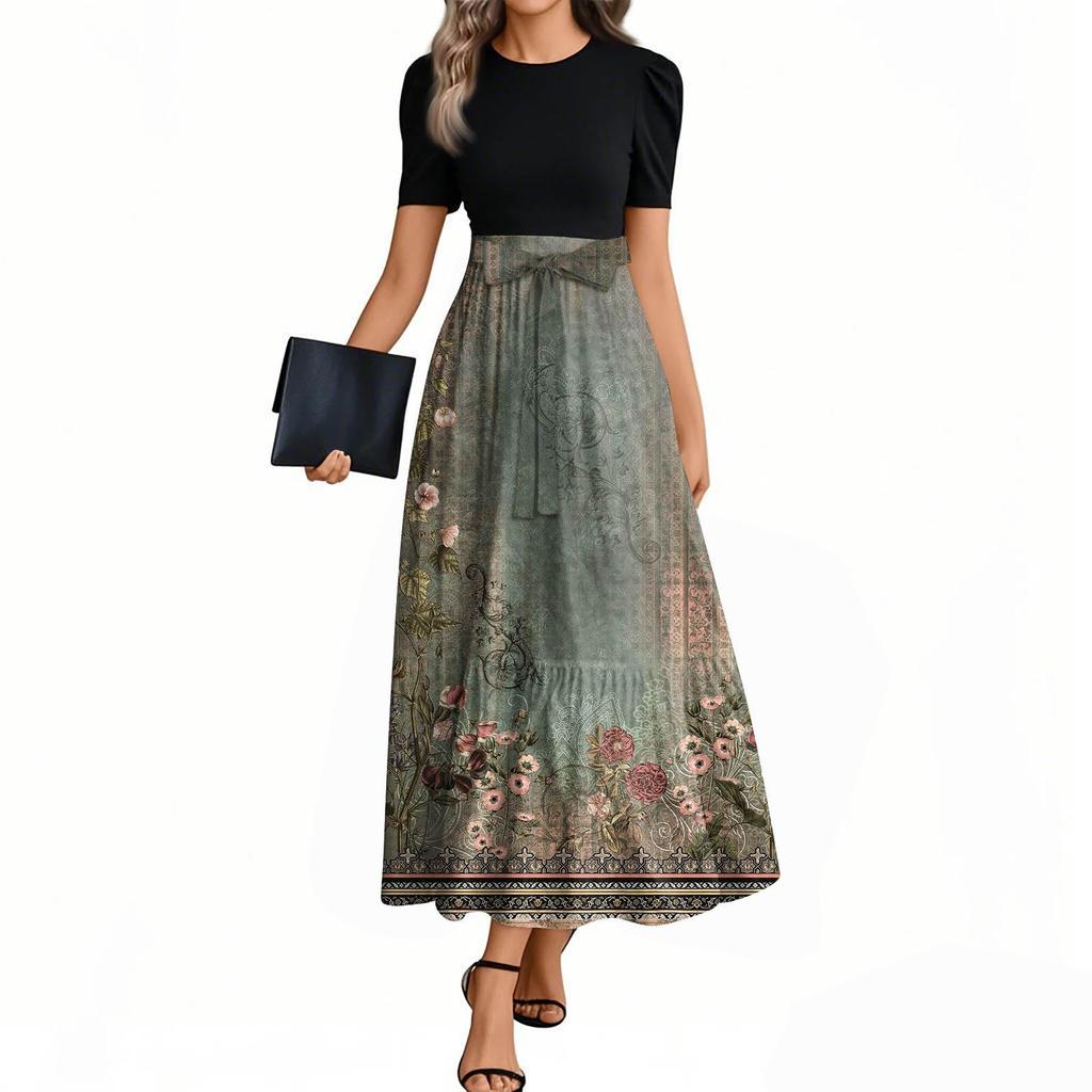 Women's Floral Print High Waist Fashionable And Elegant Dress