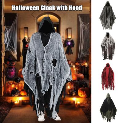 Halloween Cloak Hooded Cosplay Costume Long Wizard Cape with Irregular Mesh Haunted House NPC Props Halloween Party Supply