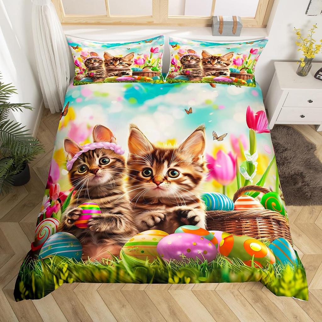 Cat and Flowers Duvet Cover Queen King Size Lightweight Quilt Cover with 2 Pillowcases Spring Animal Themed Bedding Set No Quilt