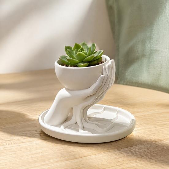 Palm Shape Succulent Planter 3D Printed Shaped with Drainage Tray, Holding Natural Literary Style Tabletop Decor Mini Flower Pot, Small Desktop Plant