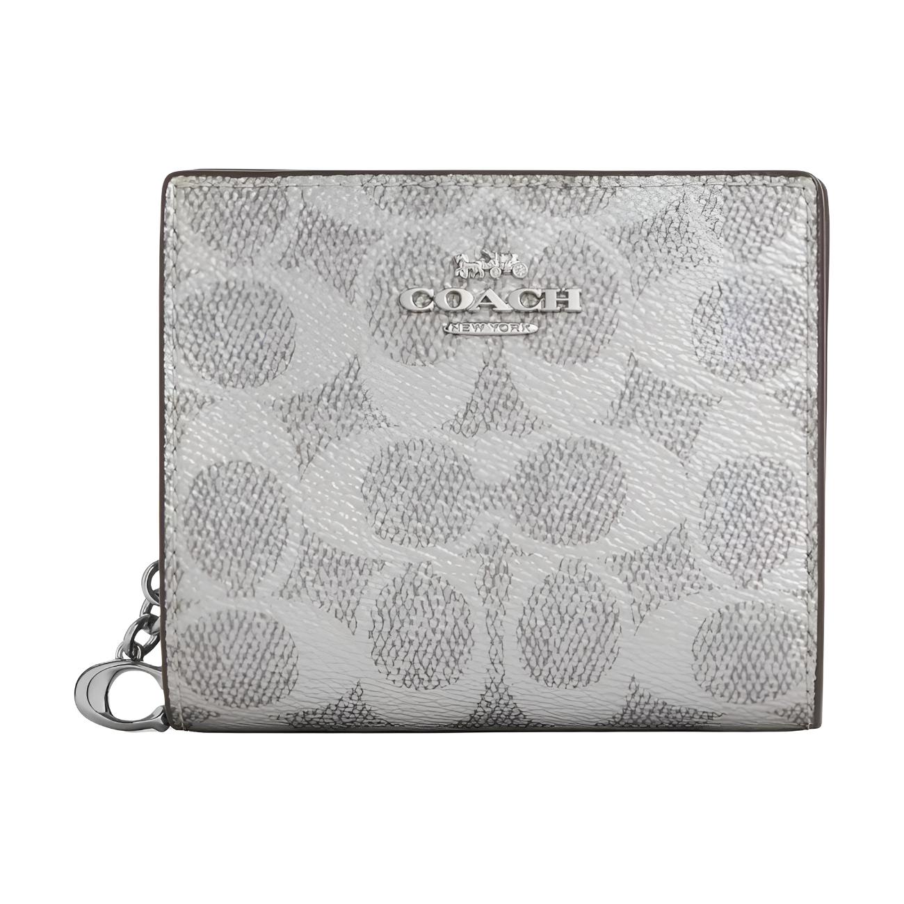 Coach Snap Wallet 11 Silver Logo Credit Card Slots Coated Canvas And Metal Striped Leather Wallet Women wallet Gray CCL96-SVYGP Gray