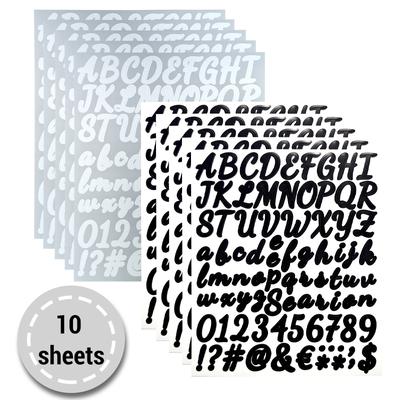 10 arkuszy samoprzylepnych czarno-srebrnych naklejek z brokatem, litery wielkie, cyfry, alfabet, zestaw naklejek winylowych