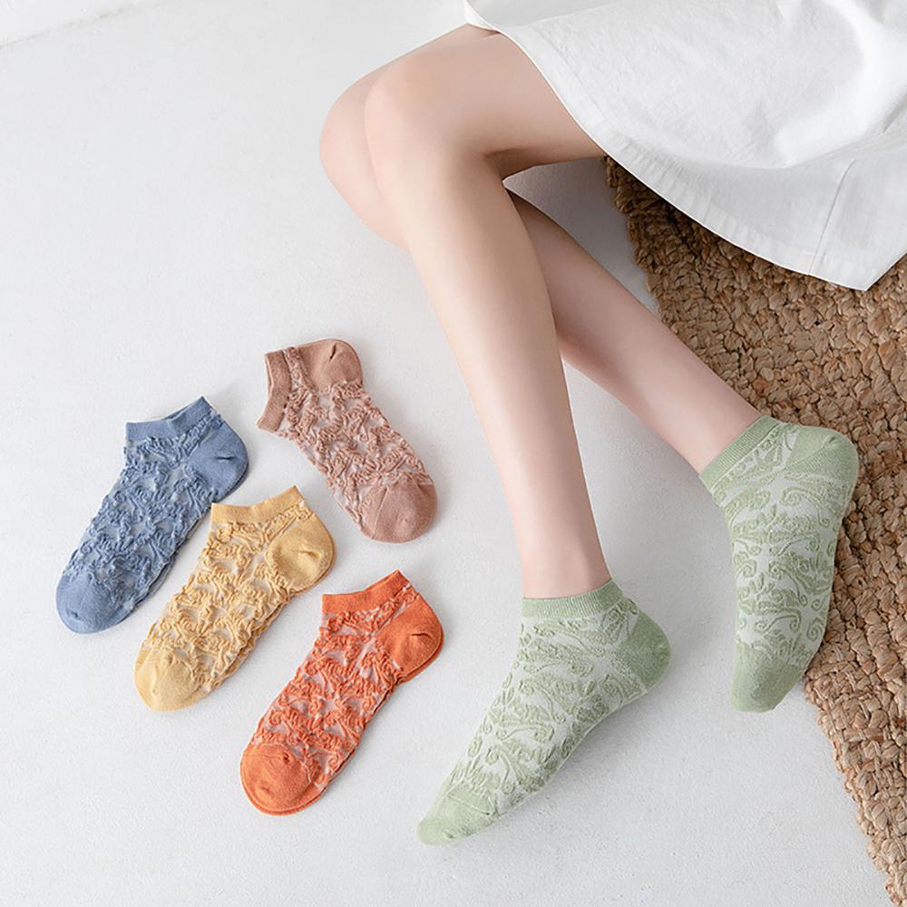 

Breathable Comfortable Vintage Spring Summer Cotton Relief Flower Socks Boat Socks Women Hosiery оранжевый