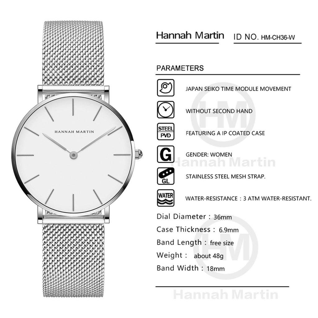 Hannah Martin Analog Waterproof Watch for Cute and Made in Japan Stylish and Popular Gift Women, Simple, Movement, (Silver)