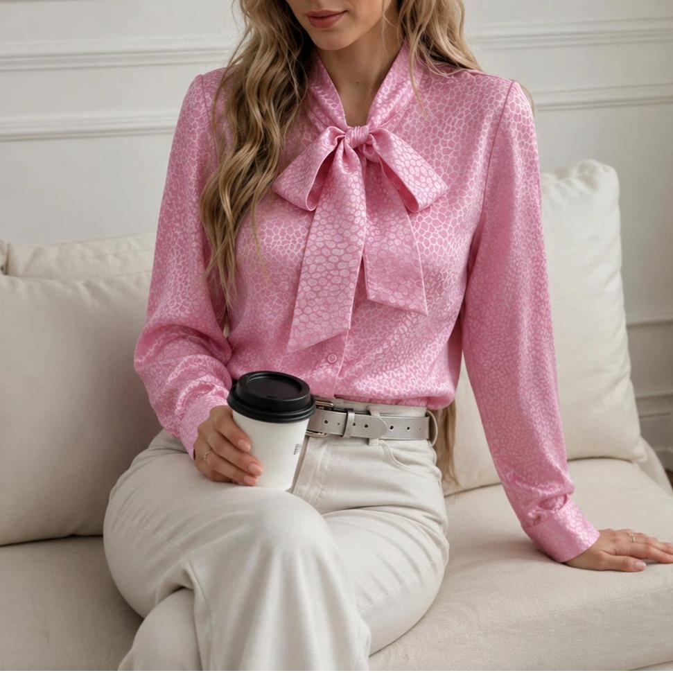 Women Ribbon Spot Satin Long Sleeve French Style Elegant Blouse