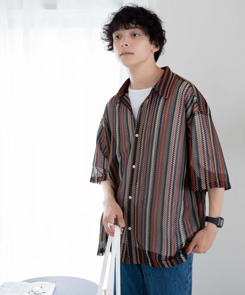 WEGO Mesh Big Short Sleeve Knit Sheer Layered Summer Size Pattern 1 Men's Shirt, Top, T-Shirt, Top, Clothes, Spring, Summer, Fall, Sweater, M,