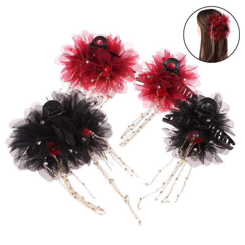 Trendige Süße Netzblumen Quaste Haarklammer Elegant Temperament Große Hai-Haarspange Damen Kopfschmuck Haaraccessoires