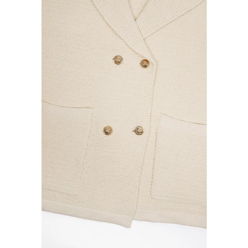 Blazer Long en Tricot Côtes Crème Double-Boutonnage pour Femme Style Décontracté Bureau Manches Longues Vêtement d'Extérieur