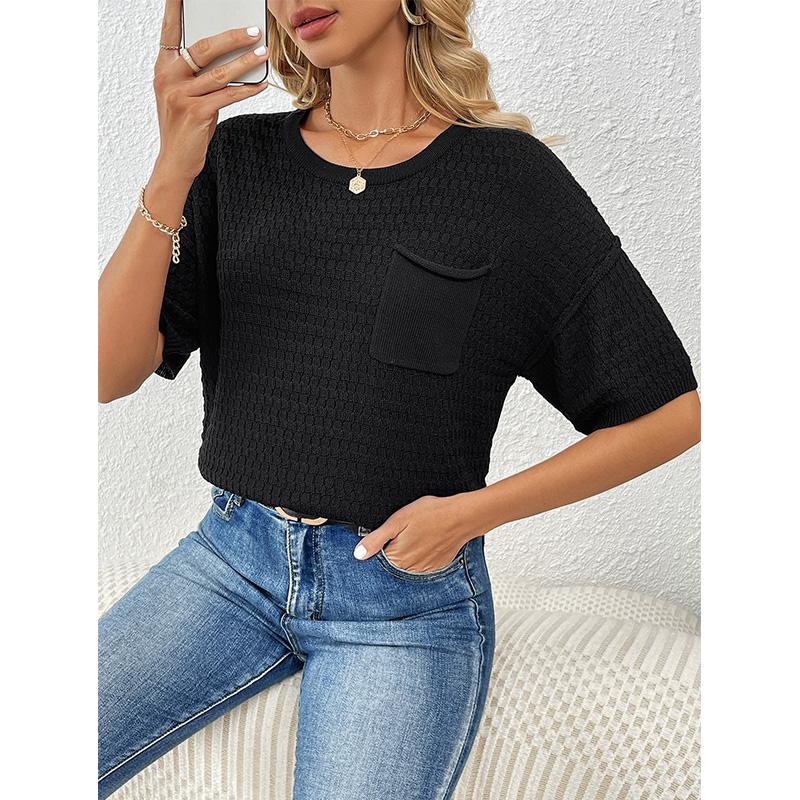 New Spring/Summer Women's Pullover Pocket Home Short Sleeve Solid Color Women's Knitwear