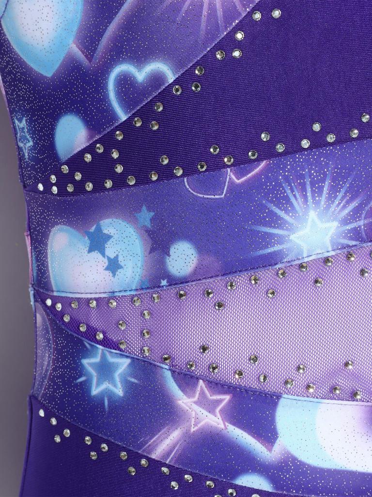 Girls Gymnastic Leotard Sparkly Rhinestones Patchwork Asymmetric Sleeve Design Back Hole Out Crotch Press Buttons Dance Unitard Competition Bodysuit