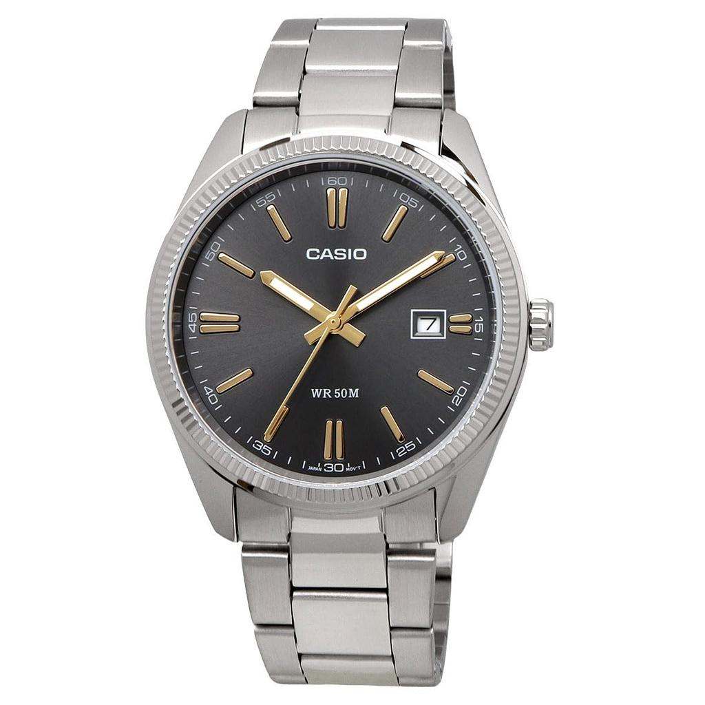 Casio Analog Quartz Men's Wristwatch MTP-1302D-1A2V Metal Band Silver Dark Gray Dial Gold Index