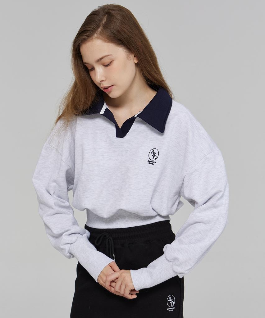 Awesome Studio Women'S Collar Contrast Crop Sweatshirt Grey White