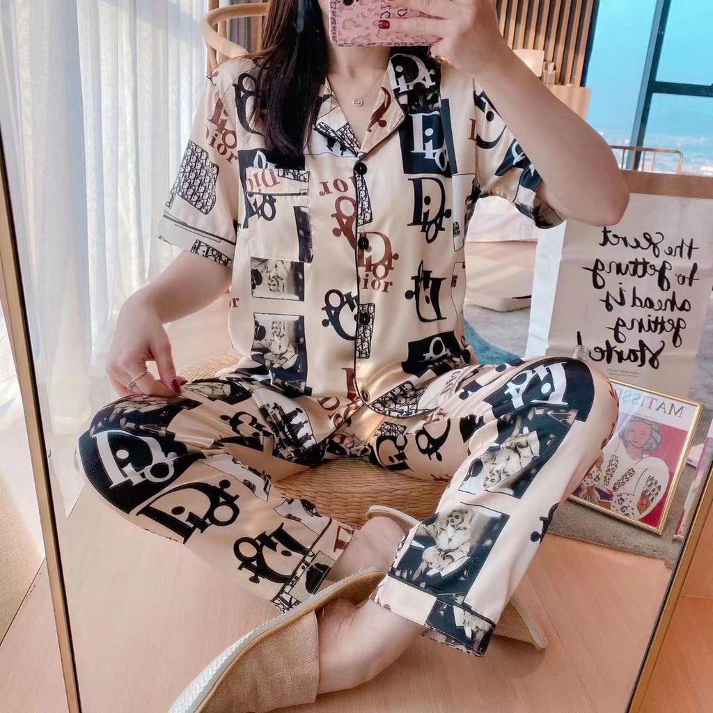 2Pcs/set Women's Pajamas Autumn and Winter Silk Cardigan Printing Loose Short-sleeved Trousers College Students Homew