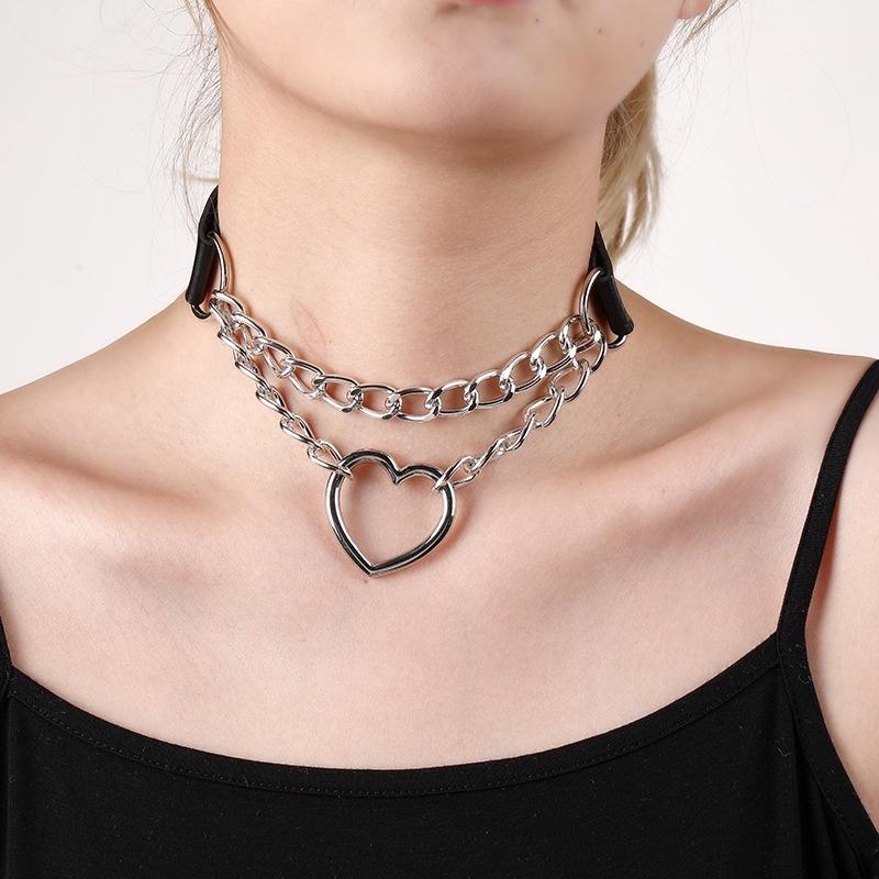 Collana Girocollo Punk In Pelle Rosa Con Ciondolo Metallico - Gioiello Gotico Per Donna E Ragazza