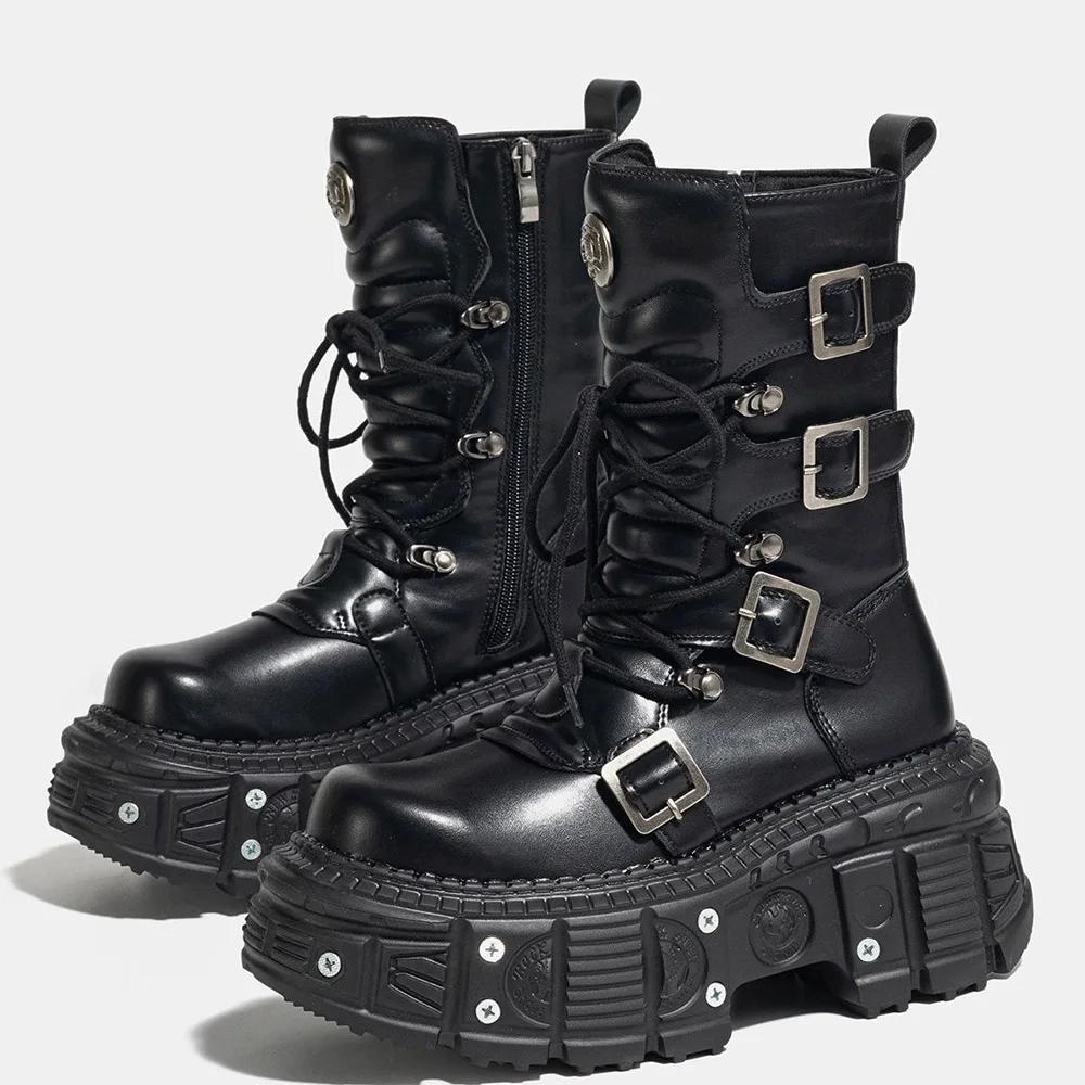 Punk Style Women Shoes Lace-up Platform Shoes Woman Rock Boots Metal Decor Thick Bottom Street Shot Knight