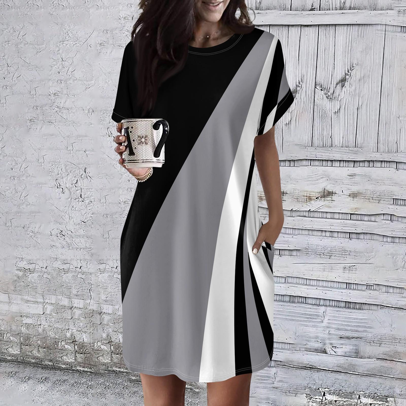 

Женское платье с круглым вырезом и коротким рукавом, повседневные летние платья-туники, свободное платье с карманом XXL