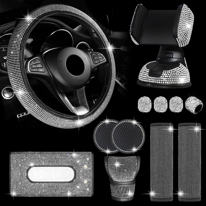 

12 шт., набор автомобильных аксессуаров для женщин, чехол на руль, авто держатель для телефона, подстаканник, коробка для салфеток, ремень безопасности, наплечная накладка, клапан, декор