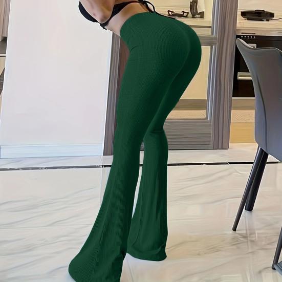 Women Flared Pants Elastic High Waist Solid Color Long Pants Ribbed Texture Yoga Running Cycling Trousers