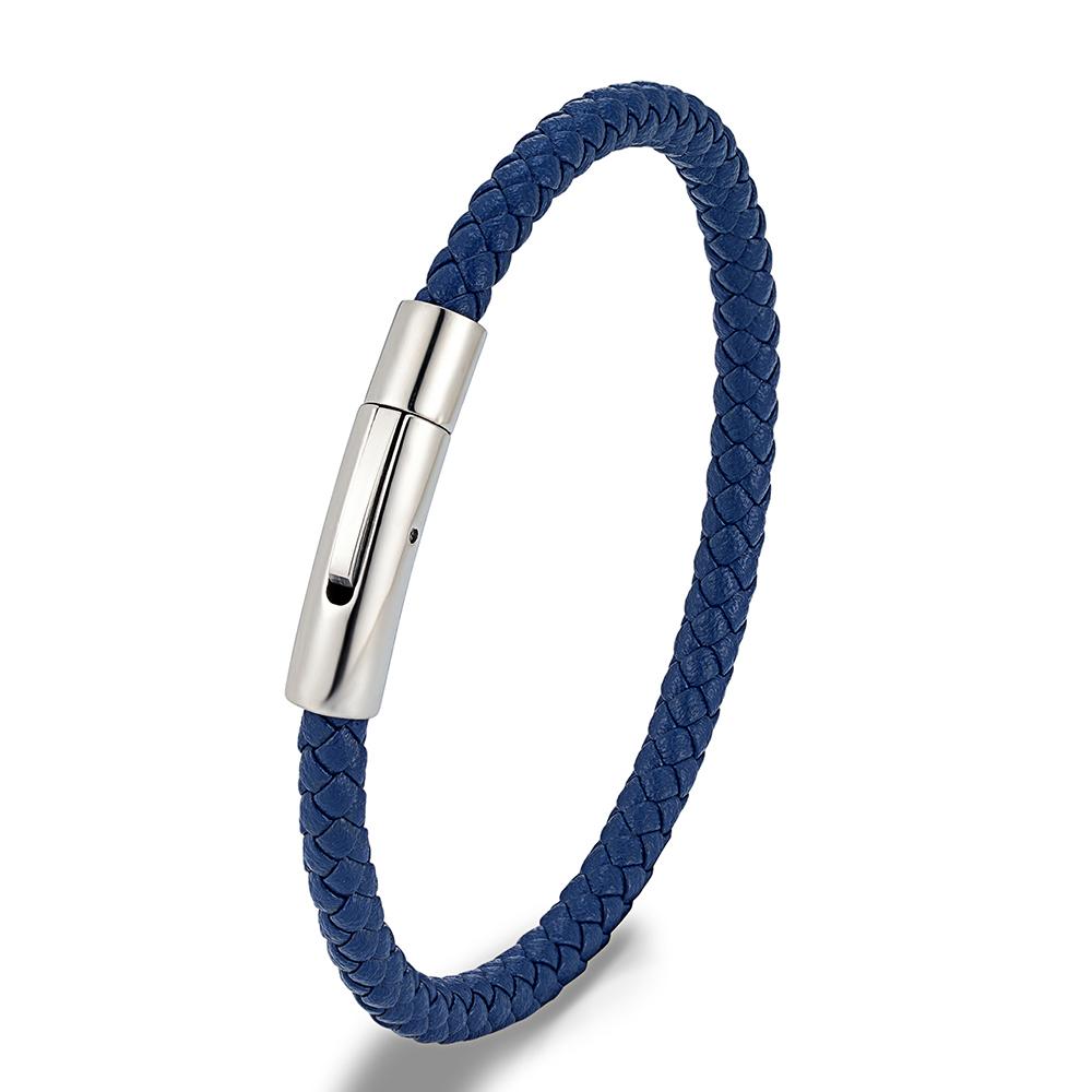 Classic Simple Blue Braided Leather Bracelet Bangle Stainless Steel Magnetic Buckle Jewelry For Men Women Couple