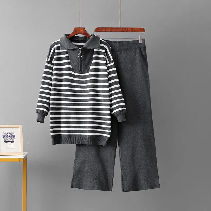 Polo Collar Striped sweater Set Women Autumn and Winter Foreign Trade Loose European and American Fashion Leisure Knit two piece Temu