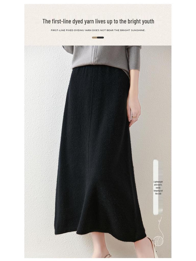 Women's High-Waisted Wool Midi Pencil Skirt - Solid Color, Autumn/Winter Versatile Knitted Design