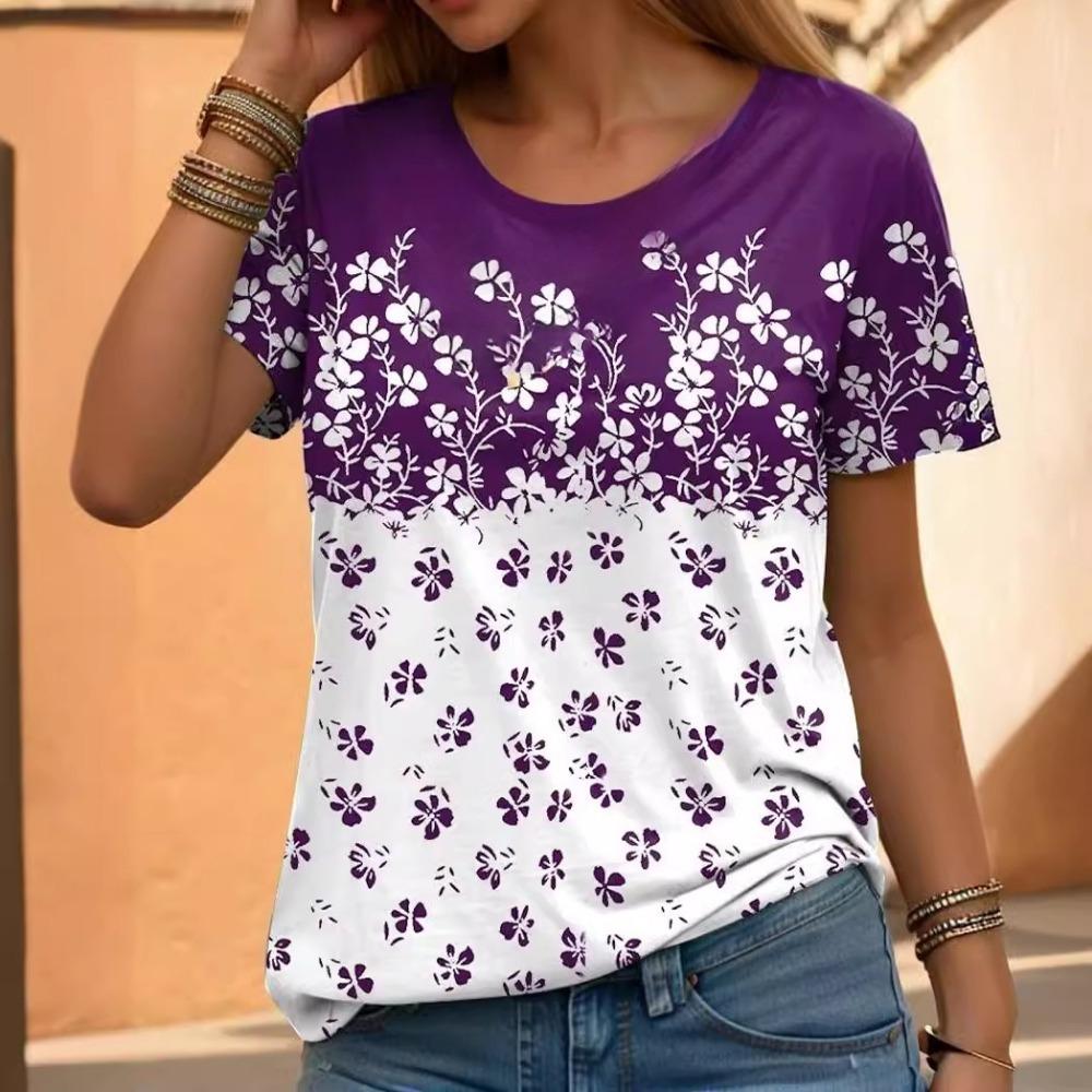 Beautiful Floral Pattern 3D Digital Printing Women's Casual Round Neck Short Sleeved T-shirt