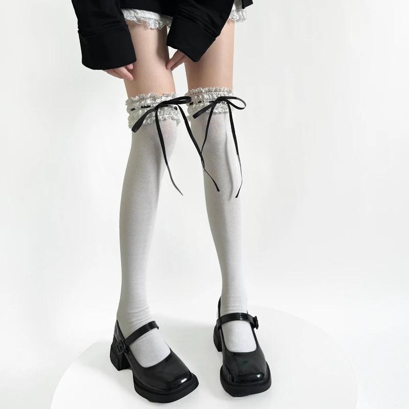 Sweet Girls Long Socks Stockings Women Bandage Ribbon Bow Knee High Socks Thigh High Stockings Lolita Lace Ruffle Socks Stocking