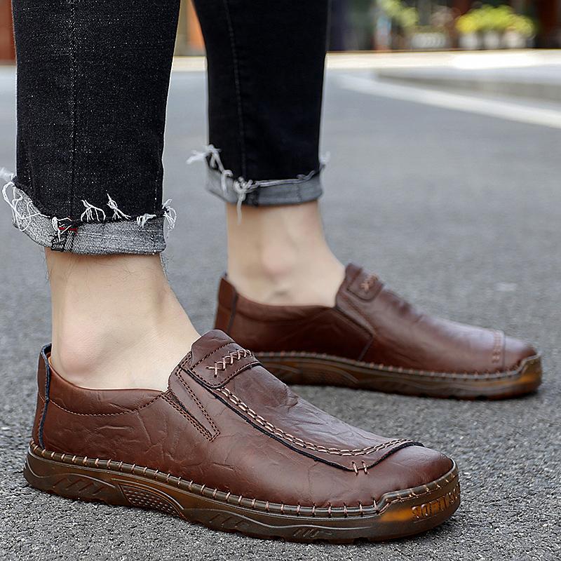 Handmade Leather Men Shoes Casual Outdoor Slip On Loafers Men Leather Shoes Flats Moccasins Walking Shoes Non Slip Dropshipping