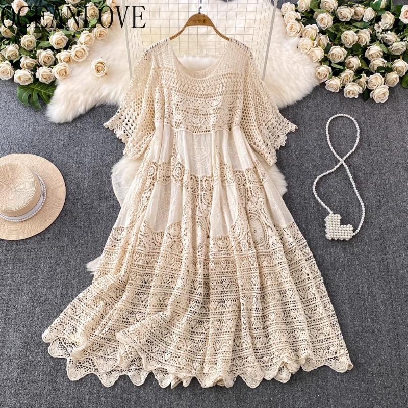 

Retro Hook Hollow Out Women Dresses Spring Summer Beach Style Knitted Vestidos Mujer Elegant Loose Long Dress One Size абрикосовий