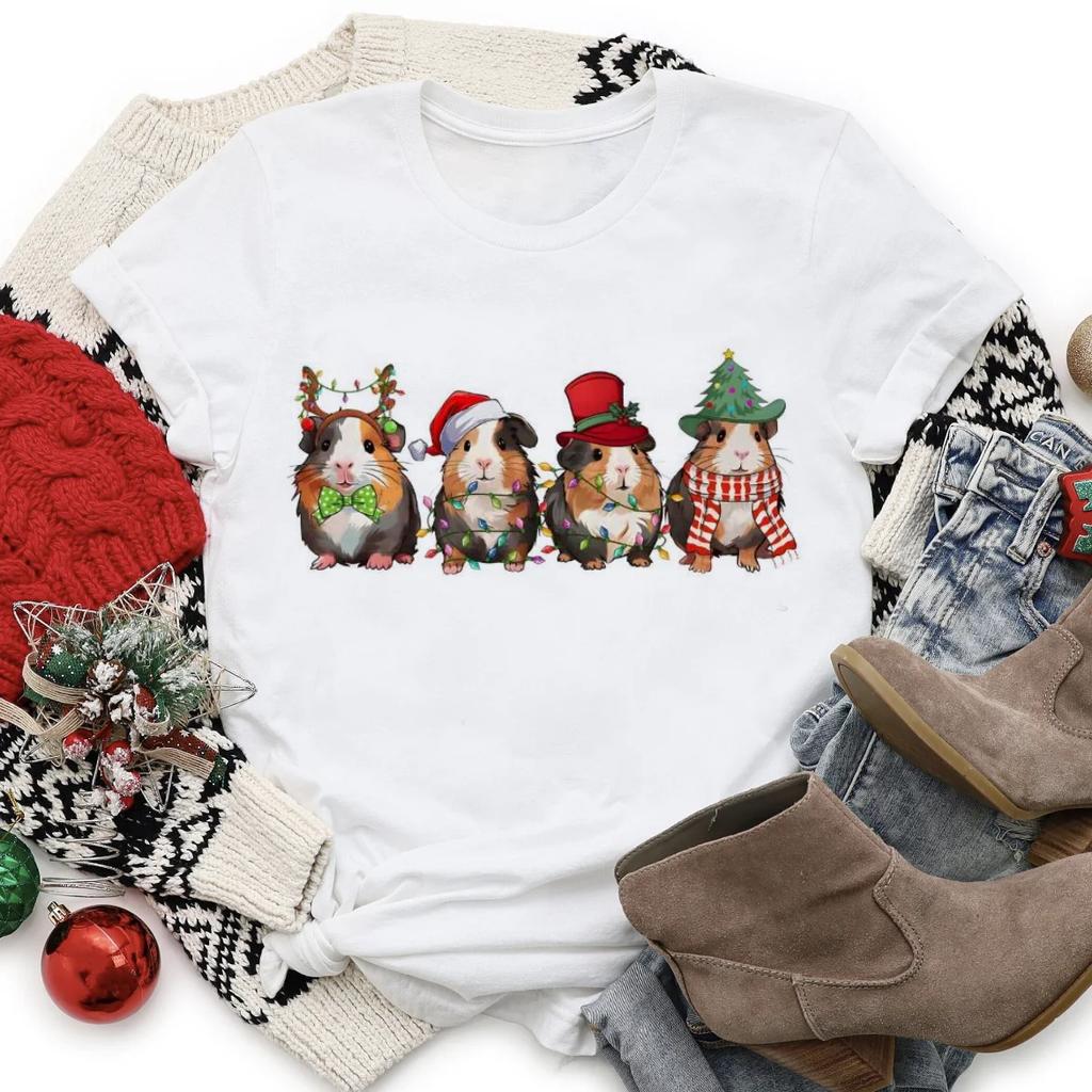 Top Short Sleeve Casual Funny Christmas Guinea Pig Santa Hat TShirt Womens Clothing Fashion TShirt Womens Pattern Loose TSh