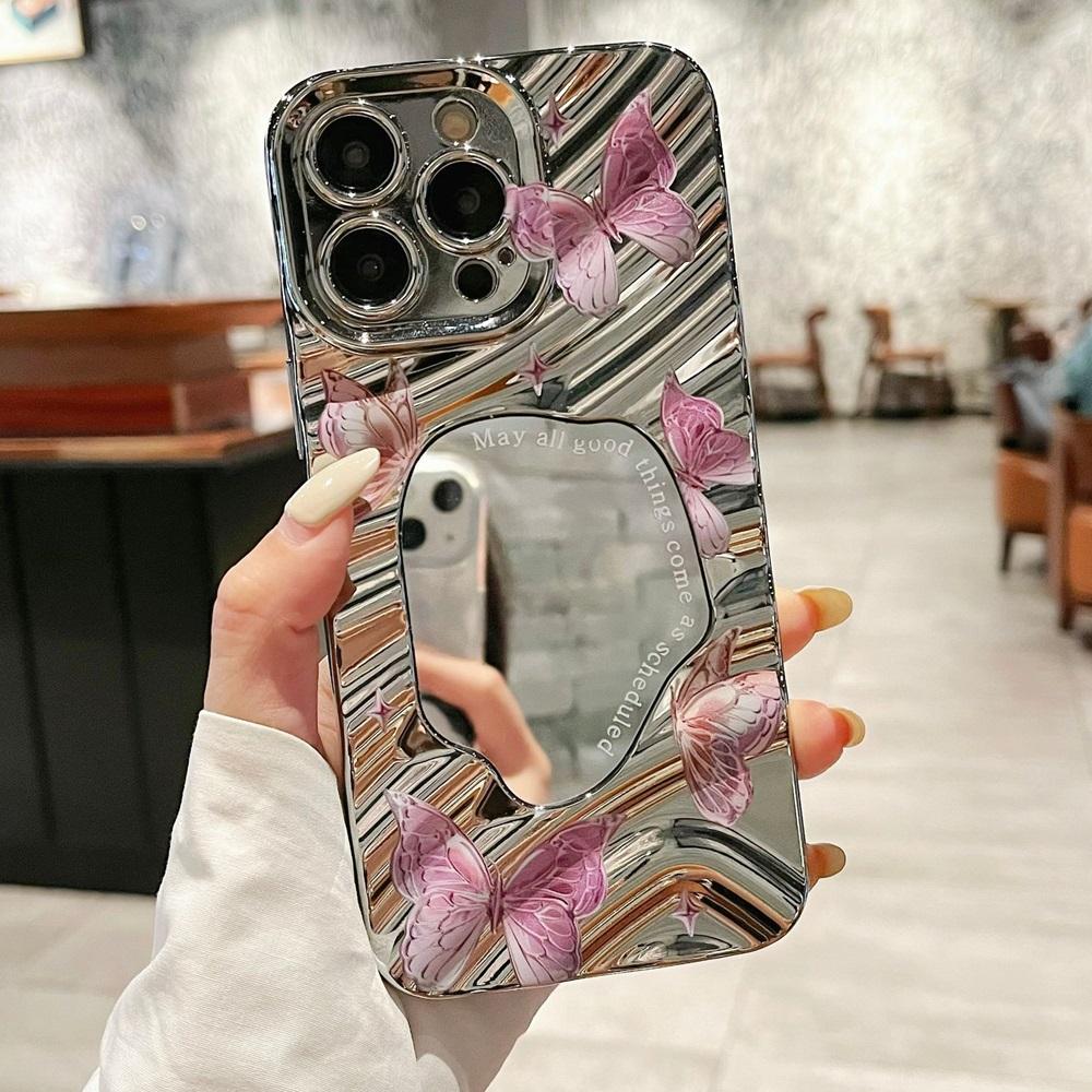 Cute Butterfly Makeup Mirror Wavy Phone Case For iPhone 16 15 14 13 12 11 Pro Max XS X XR 8 7 SE Plating Shockproof Bumper Cover