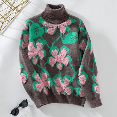 Maglieria da donna Autunno/inverno Maglione pullover ampio con revers floreali floccati tridimensionali