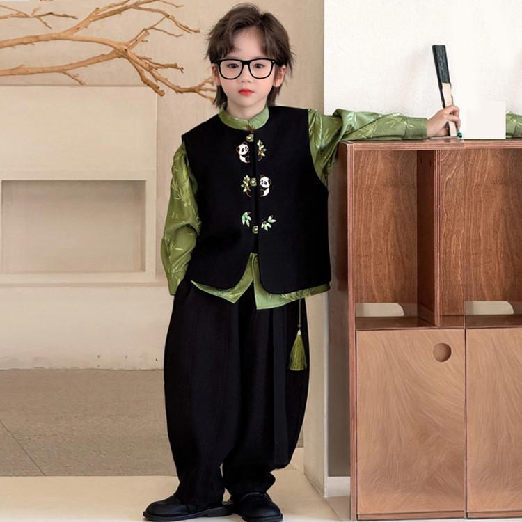 Traje Chinês Tang para Meninos Outono 2025: Conjunto de Camisa e Calça Bordada de Panda Estilo Antigo
