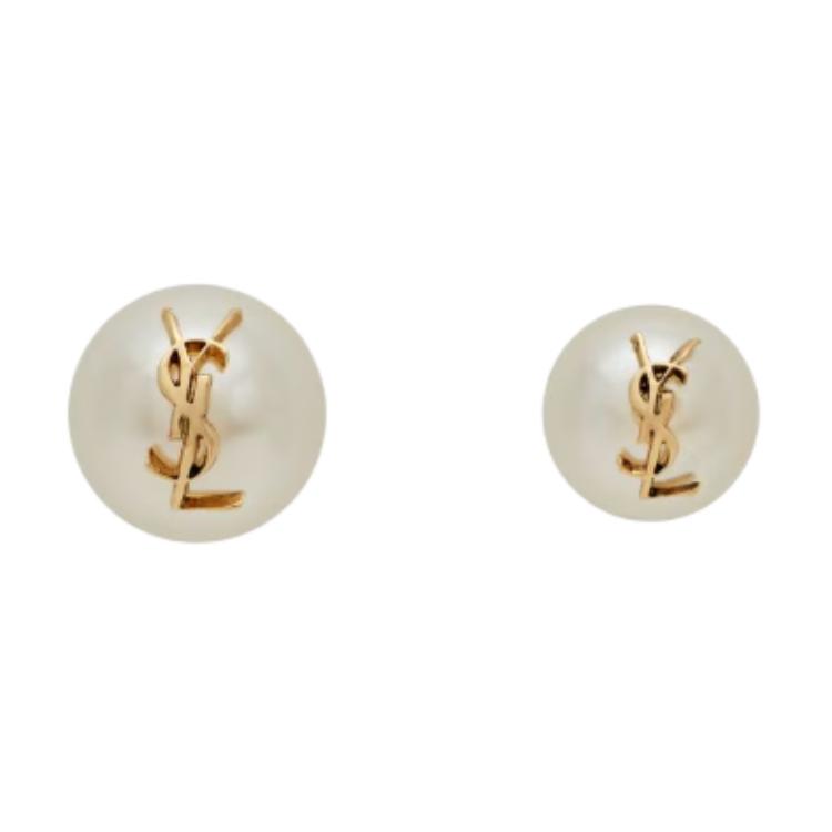 Saint Laurent Logo Design Pearl Brass Glass Earrings Women earrings White 6915639018Y1526