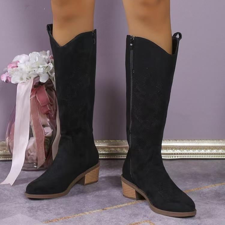 Women Boots Embroidered Western Cowboy Boots , Autumn New Zipper Pointed Toe Thick Heel High Knee PU Leather Long Boot Botas