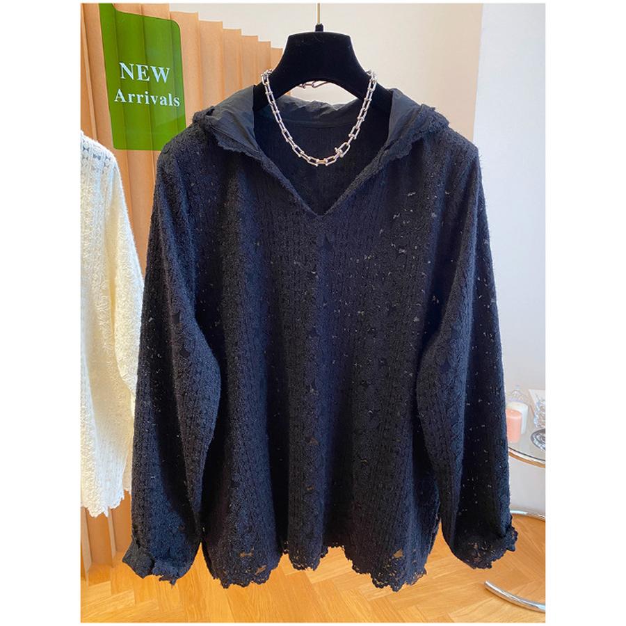 

Autumn New Style Puffed Lace Long Sleeve T-Shirt Women Loose Hood Casual Outfit Top 3XL чорний