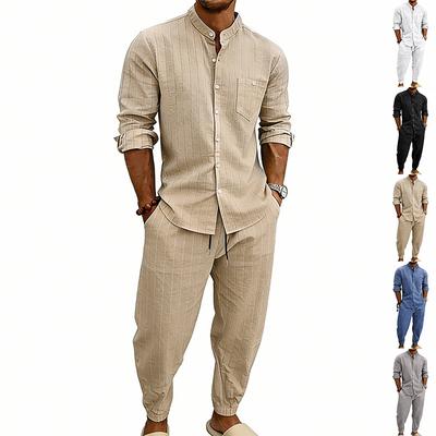 Conjuntos Masculinos de Linho Soltos com Gola Redonda e Listras para Primavera e Verão, Adequados para Uso Casual Diário