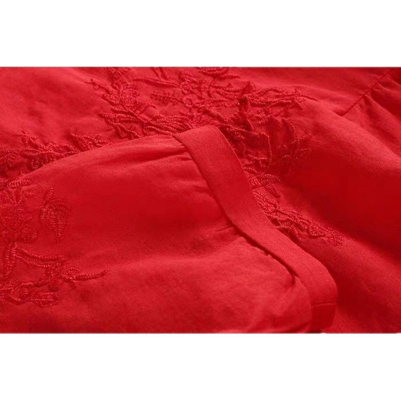Spring and Summer Cotton and Linen Round Neck Blouse Women's Short-sleeved Loose Embroidered Shirt Thin Pullover Shirt