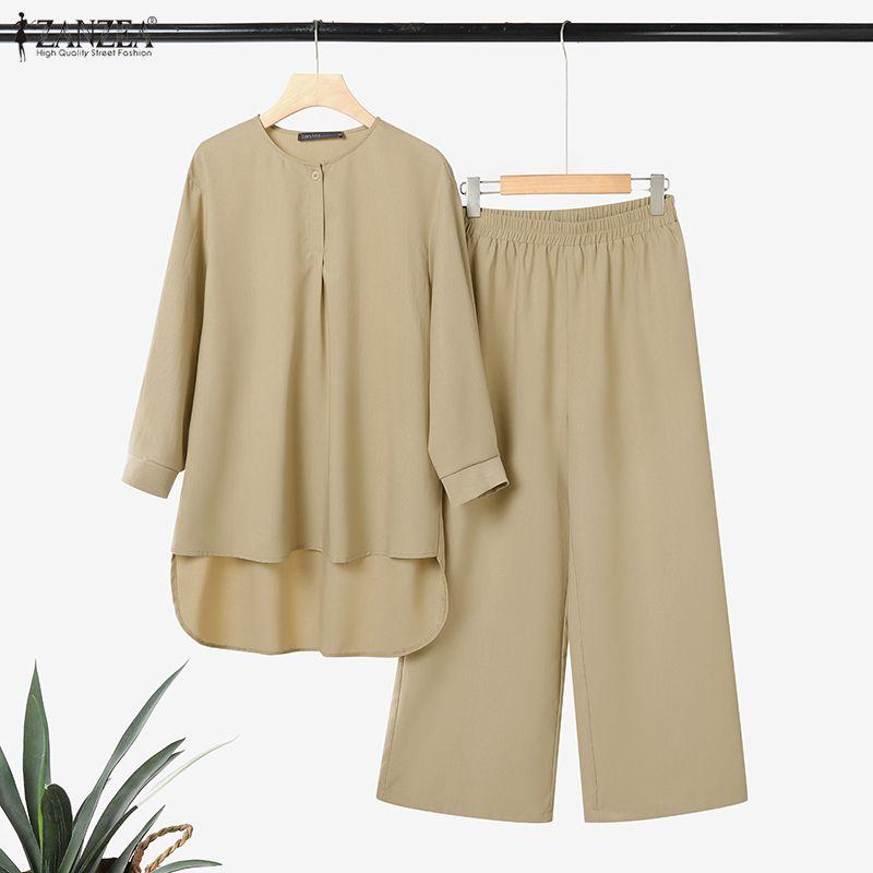 ZANZEA Women Long Sleeve Blouse and Pants Muslim Casual Two Piece Suit Sets