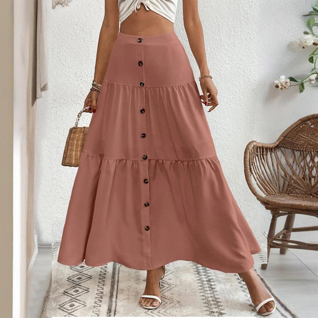 Women's Fashionable Casual Button-down Long Tiered Skirt With A Fitted Waist.