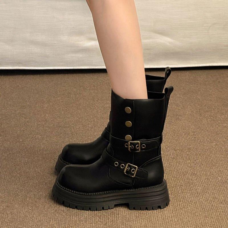Japanese Maillard Knight Boots Women's Two Wear Belt Buckle Short Boots Women's British Style Medium Boots Thick-soled Retro Locomotive Boots