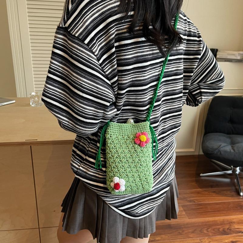 Spring and Summer Flower Mini Mobile Phone Bag Trendy Small Square Bag Wool Woven Knitted Messenger Bag Crochet Key Bag