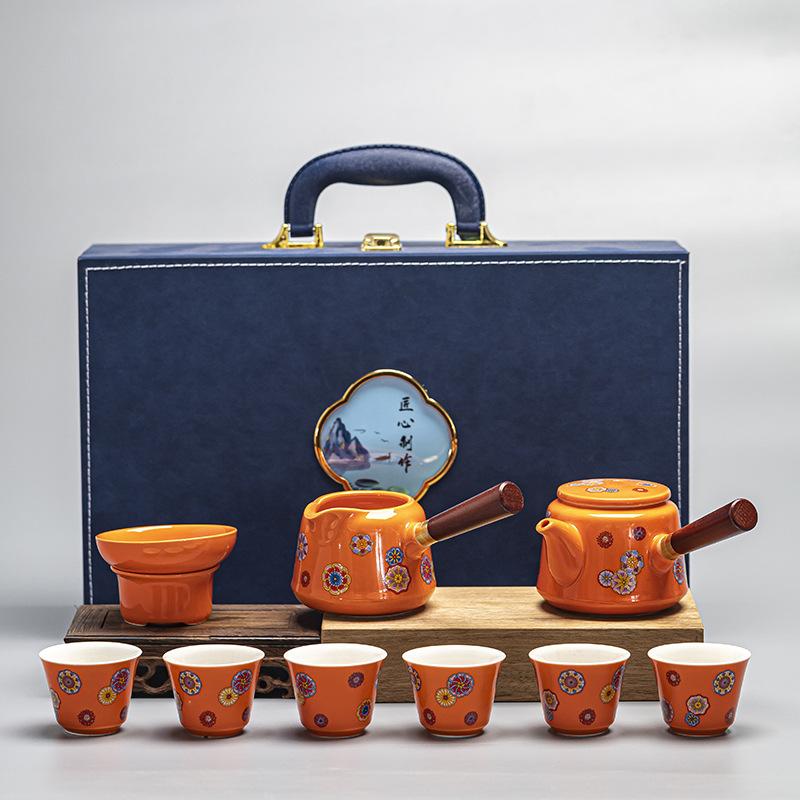 

Ji blue glazed kung fu tea set, living room side teapot ceramic tea cup complete set of gifts, tea ceremony light luxury retro tea set