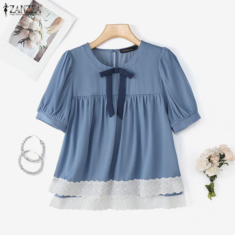 ZANZEA Women Casual Round Neck Summer Short Sleeve Lace Splice Blouse
