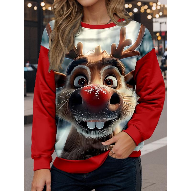 Women's Sweatshirt Casual Polyester Reindeer Street Dailywear Crew Neck Print Long Sleeve Denim Blue Wine Blue Green Fall Winter