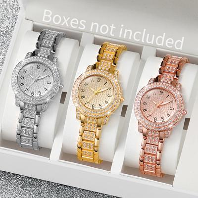 3 Peças/conjunto Moda Feminina Pulseira com Diamante Artificial Relógio de Quartzo Conjunto de 3 cores