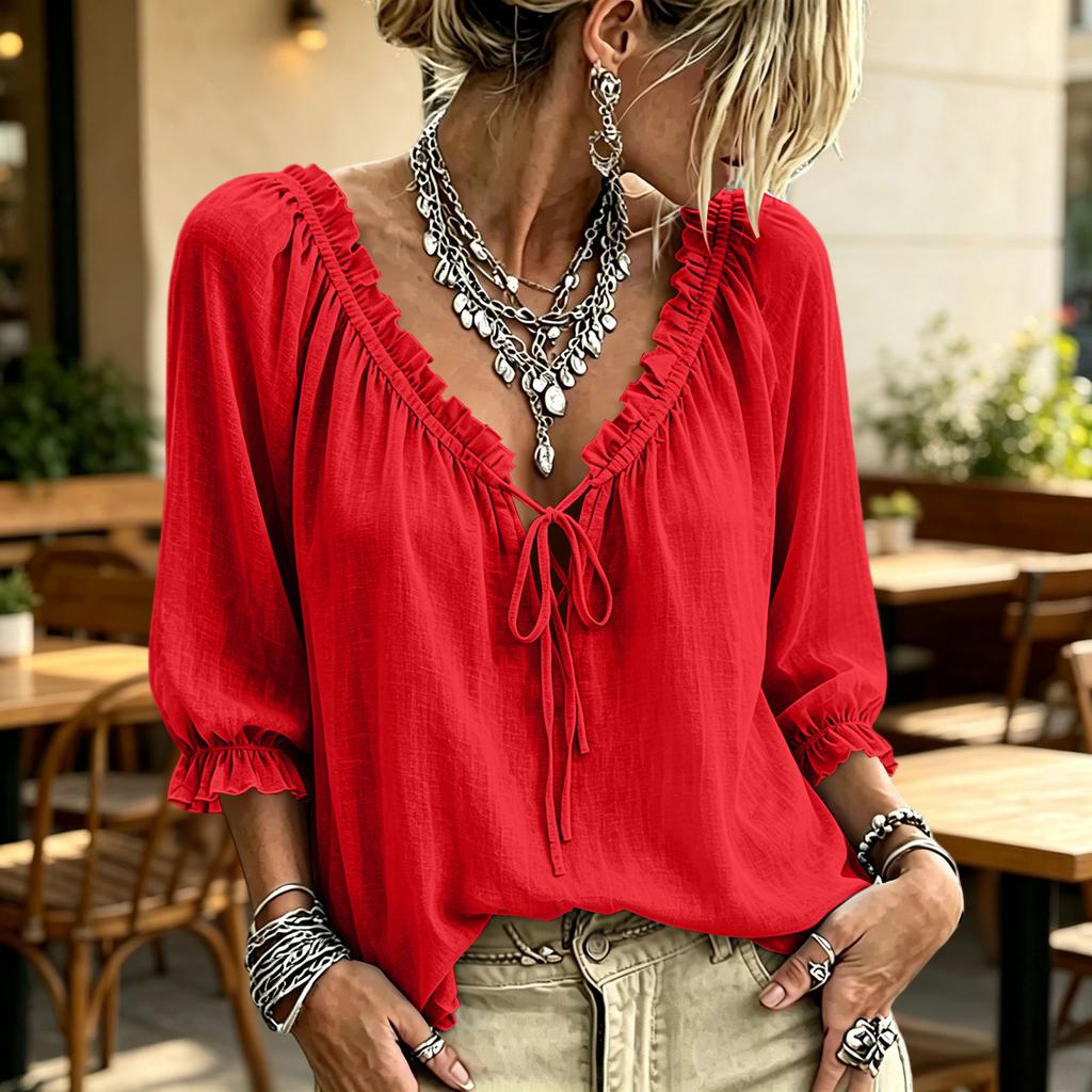 Damen Casual Farbige V-Ausschnitt Bluse mit Rüschenbesatz und Bindeband