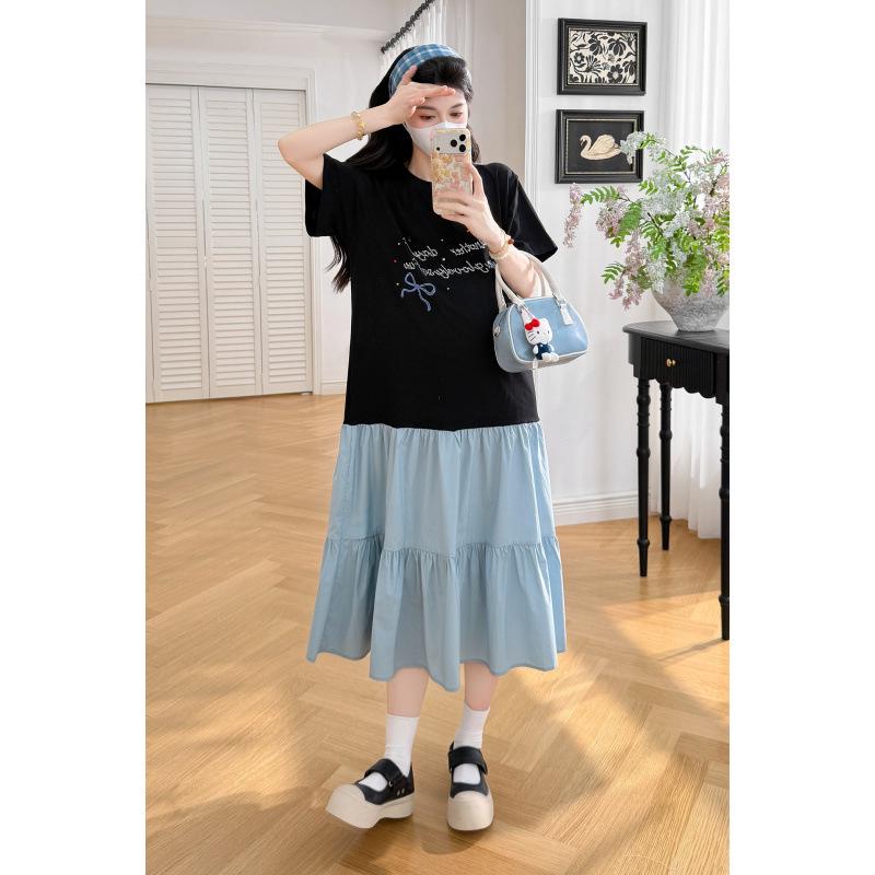 

Summer Maternity Color Block Rhinestone Short Sleeve Dress M
