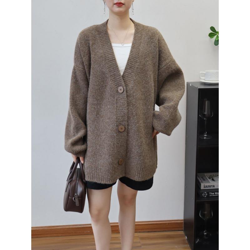 

Вязаный кардиган средней длины с V-образным вырезом однотонный осень-зима новый свободный повседневный универсальный свитер-жакет женский One size